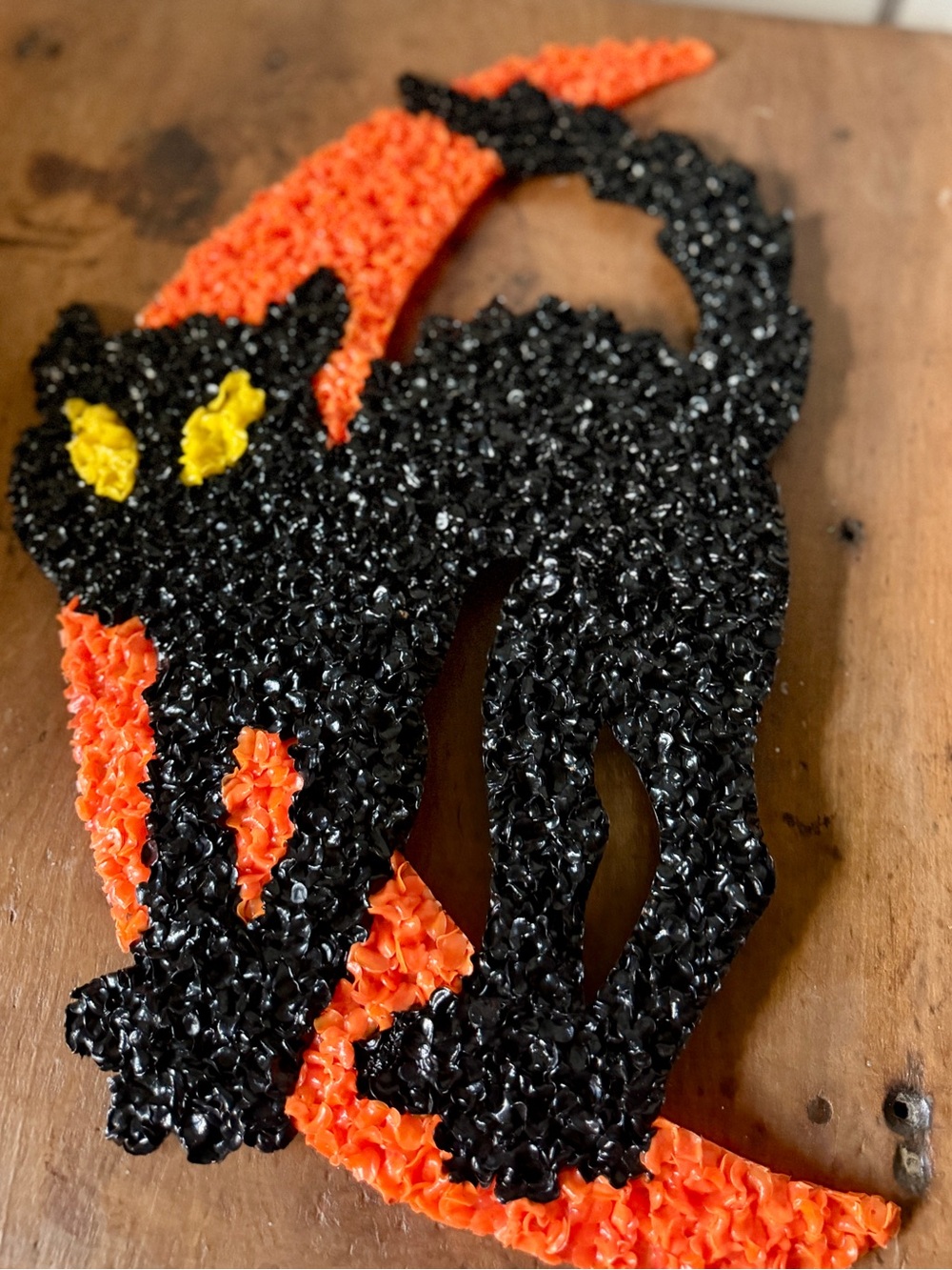 Popcorn Plastic  Melted Halloween Decoration Black Cat Crescent Moon Vintage